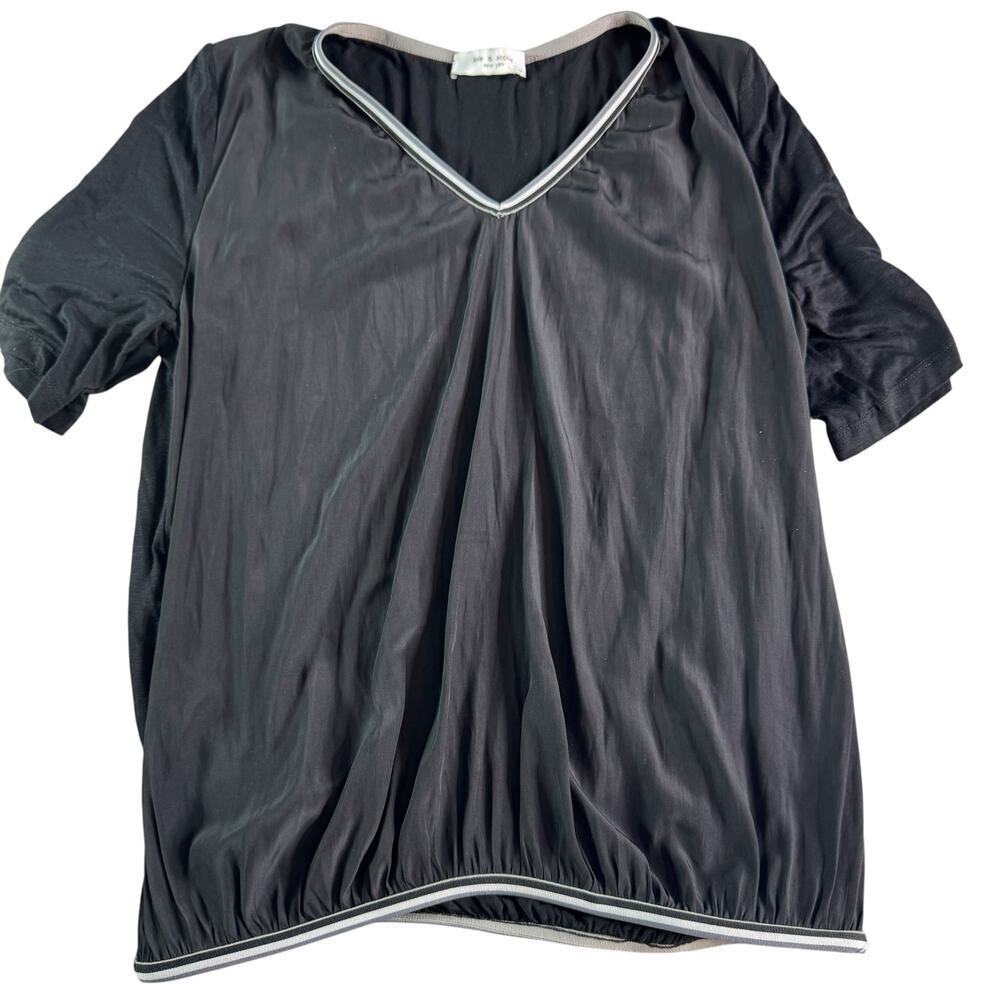 Lola & Sophie Black V Neck Blouse Womens Medium Flowy Elastic Hem Minimalist